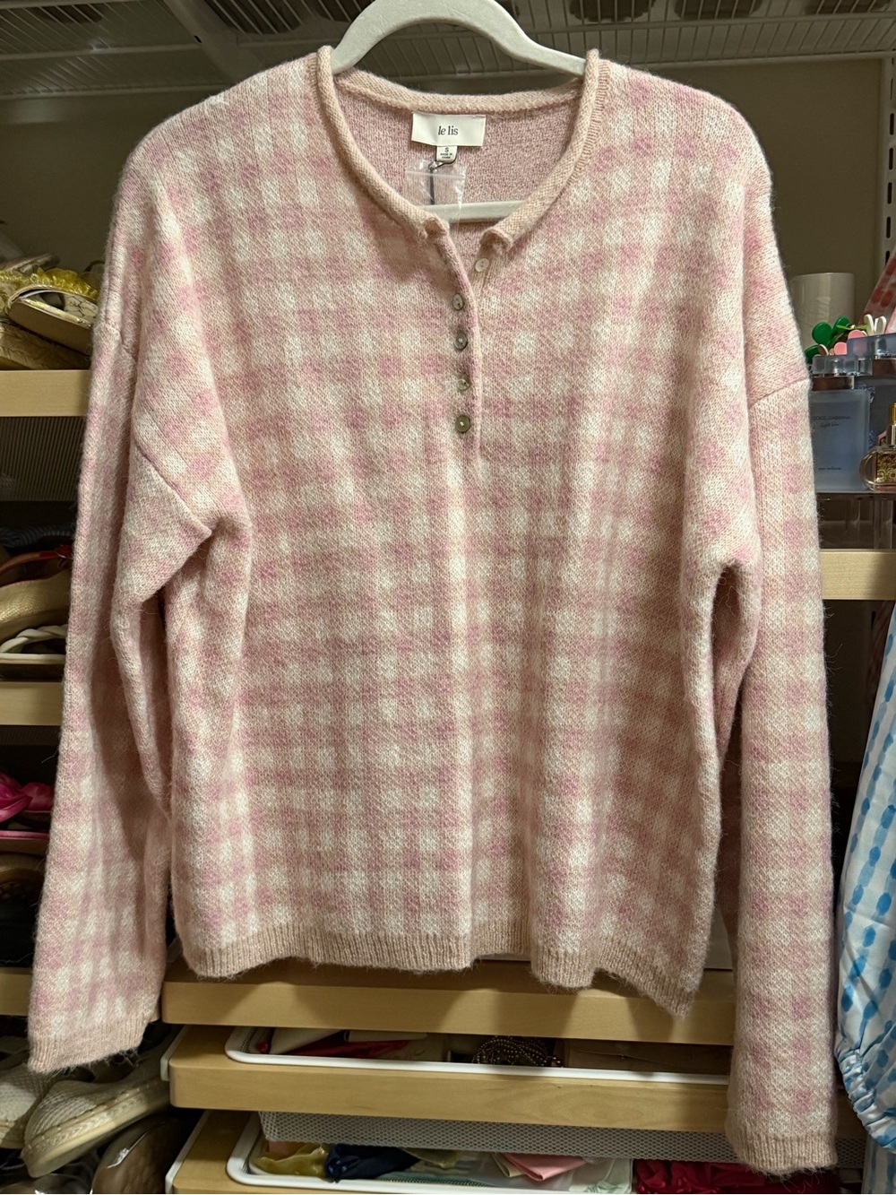 Le Lis Pink & Cream Plaid Henley Sweater